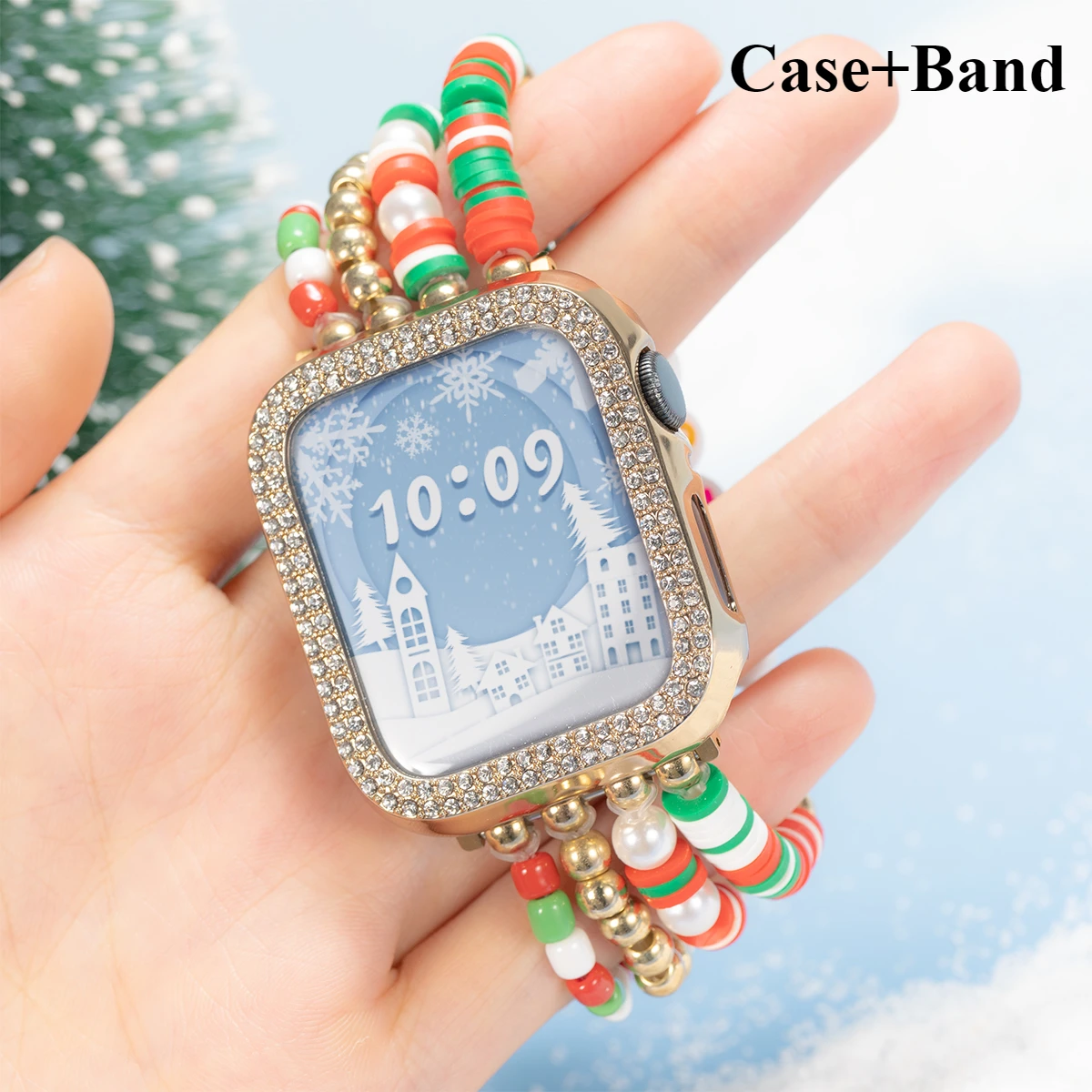 Diamonds Case+Christmas Element Beaded Strap for Apple Watch Band 46mm 45 41 42 44 49mm Cover Bracelet for iWatch 10 9 8 7 6 SE