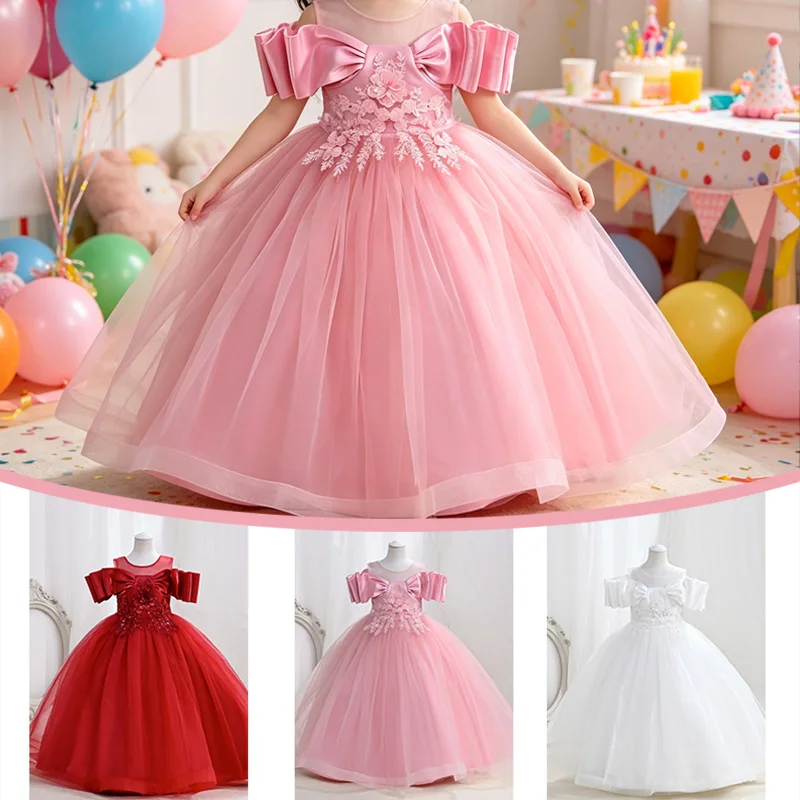 Elegant Kids Girls Long Tulle Princess Dress Embroidery Wedding Birthday Party Performance Gown Children Formal Dress