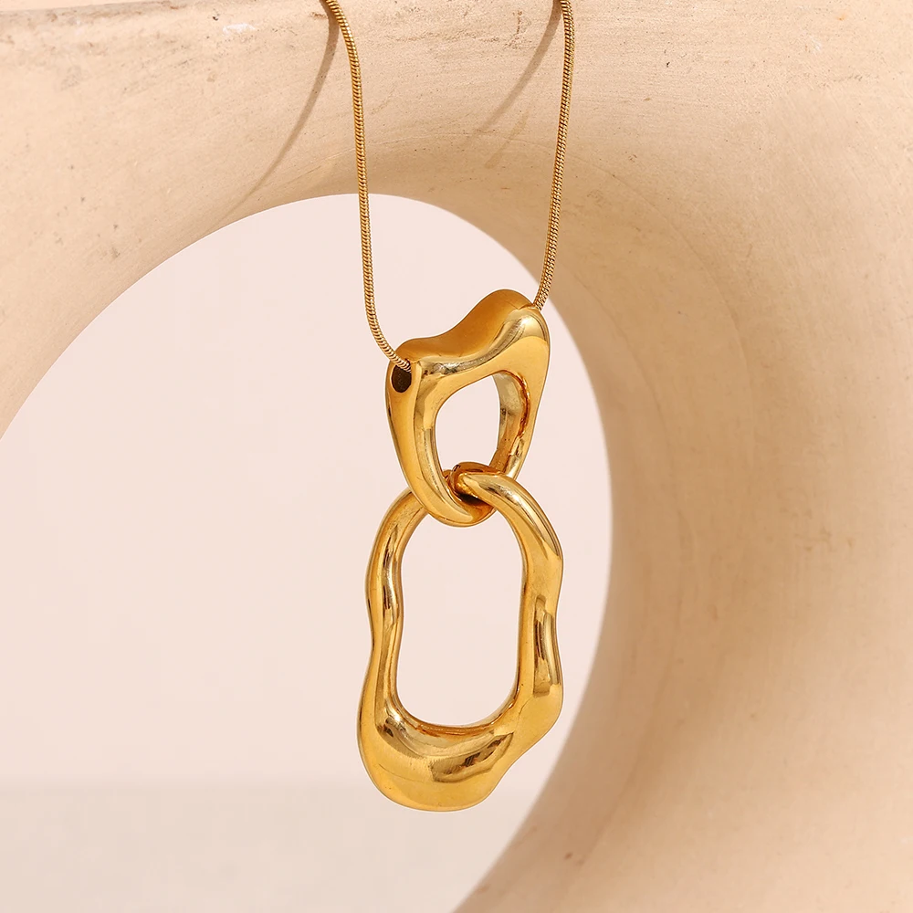 E.B.belle 18K Gold Plated Overlength Irregular Double Circle Pendant Necklace Stainless Steel Sweater Chain Women Jewelry