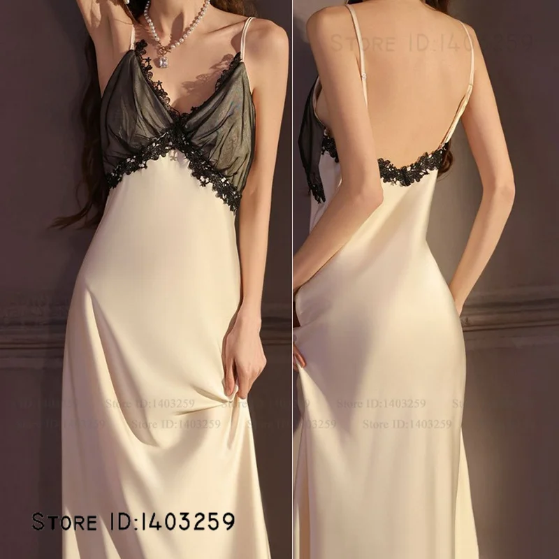 Elegant Satin Female Long Robe Set Nightgown Sexy Lace Lingerie Nightdress Spring Summer New Sleepwear Homewear Loose Loungewear 2