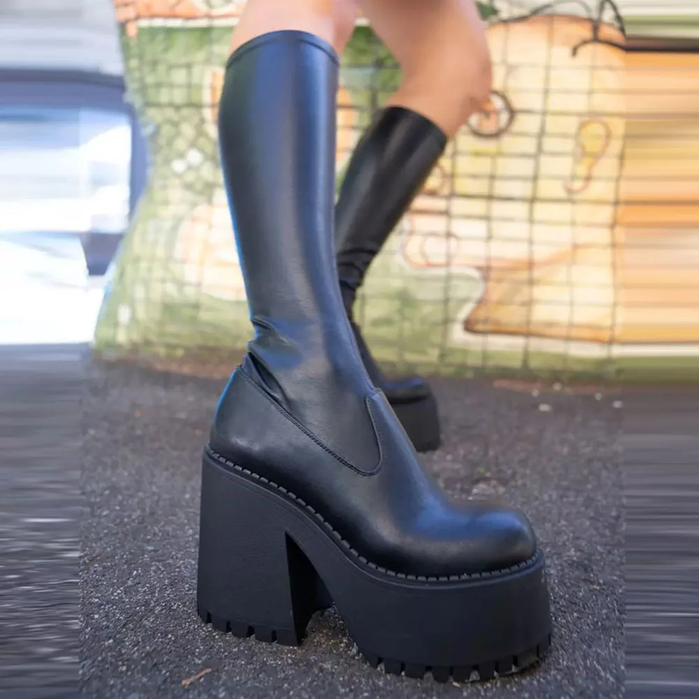 Platform Chunky High Heeled Women Knee High Boots Fashion Cool Round Toe Cute Sweet Heeled Boots Gothic Uniform Dress Shoes