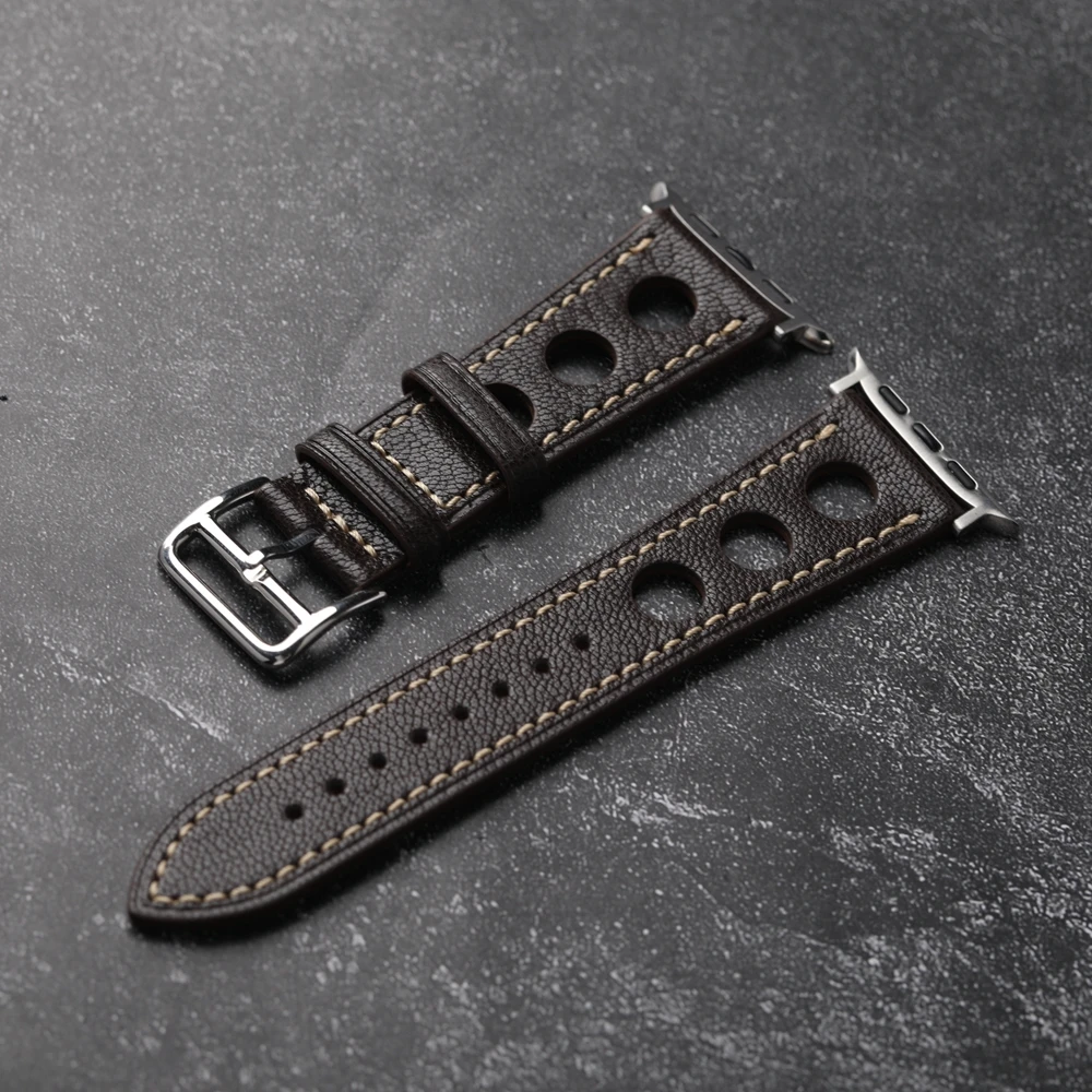 Handmade Brown Black Goatskin Bracelet 44mm 45mm 49mm FFor Apple Watch 8 Ultra Breathable Leather Strap