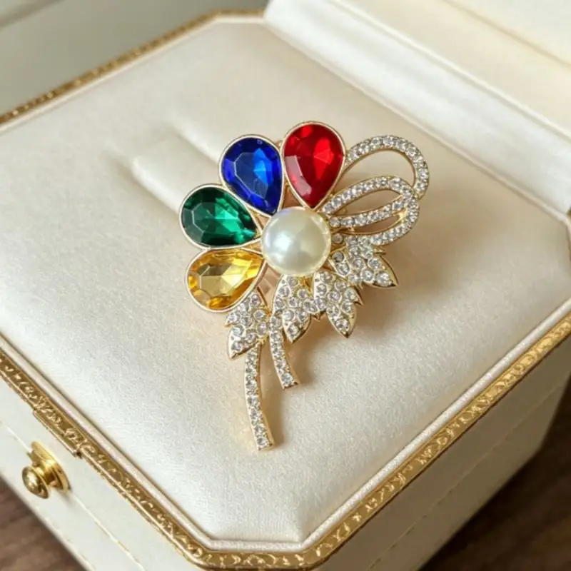 Fashionable Colorful Flower Brooch For Women Exquisite Plant Pearl Shiny Rhinestone Pins Party Office Wedding Corsage Jewelry