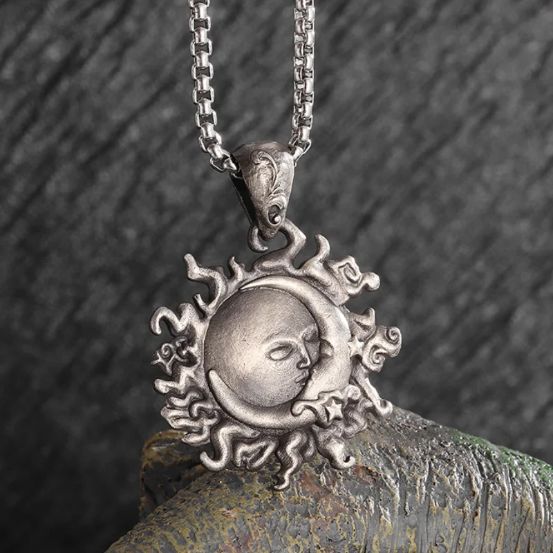 Retro Punk Sun God Kisses Moon Goddess Necklace Pendant Beautiful Romantic Love Anniversary Jewelry Gift for Girlfriend