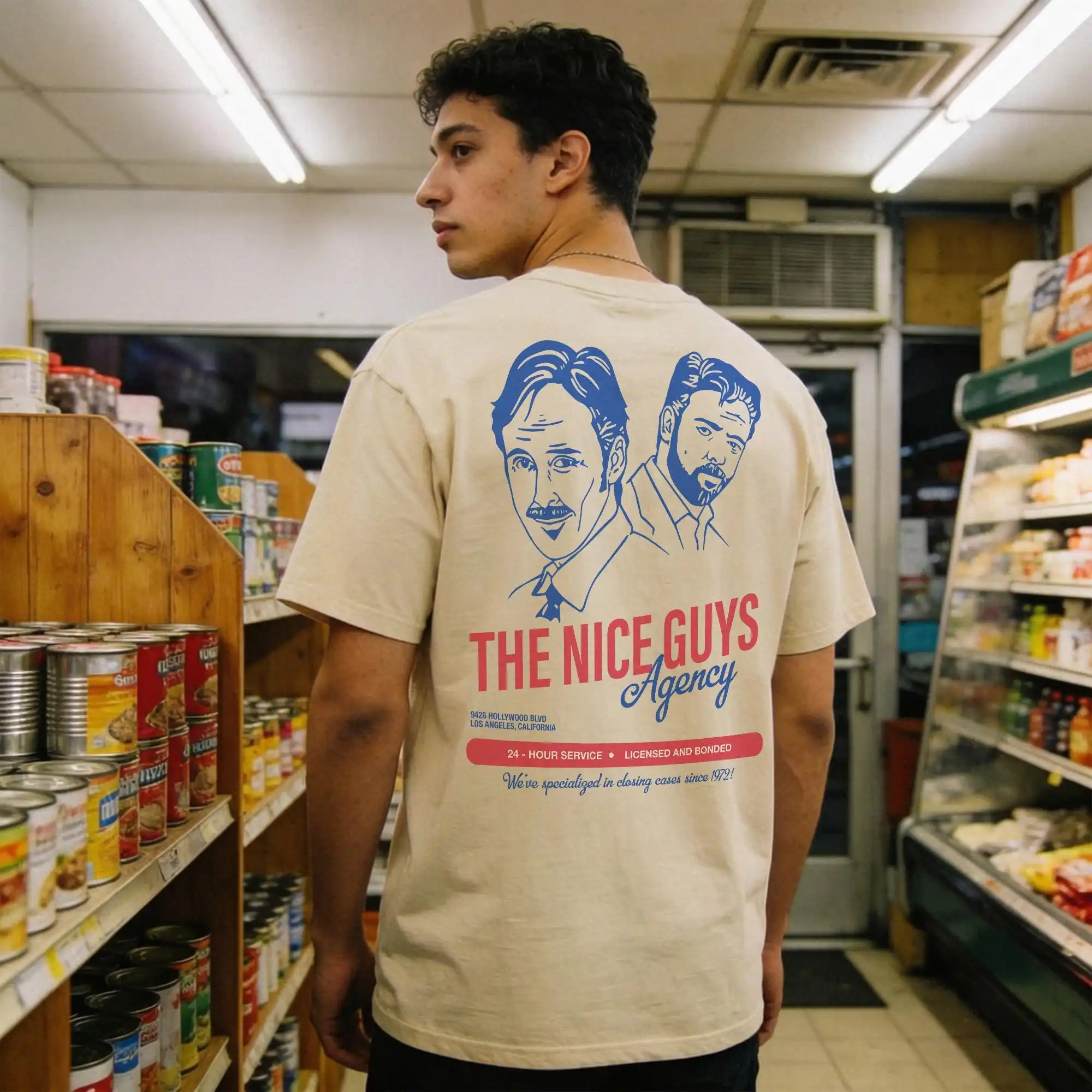 Nice Guys Agency T-Shirt, Funny Cult Classic Movie Graphic Tee with Back Print