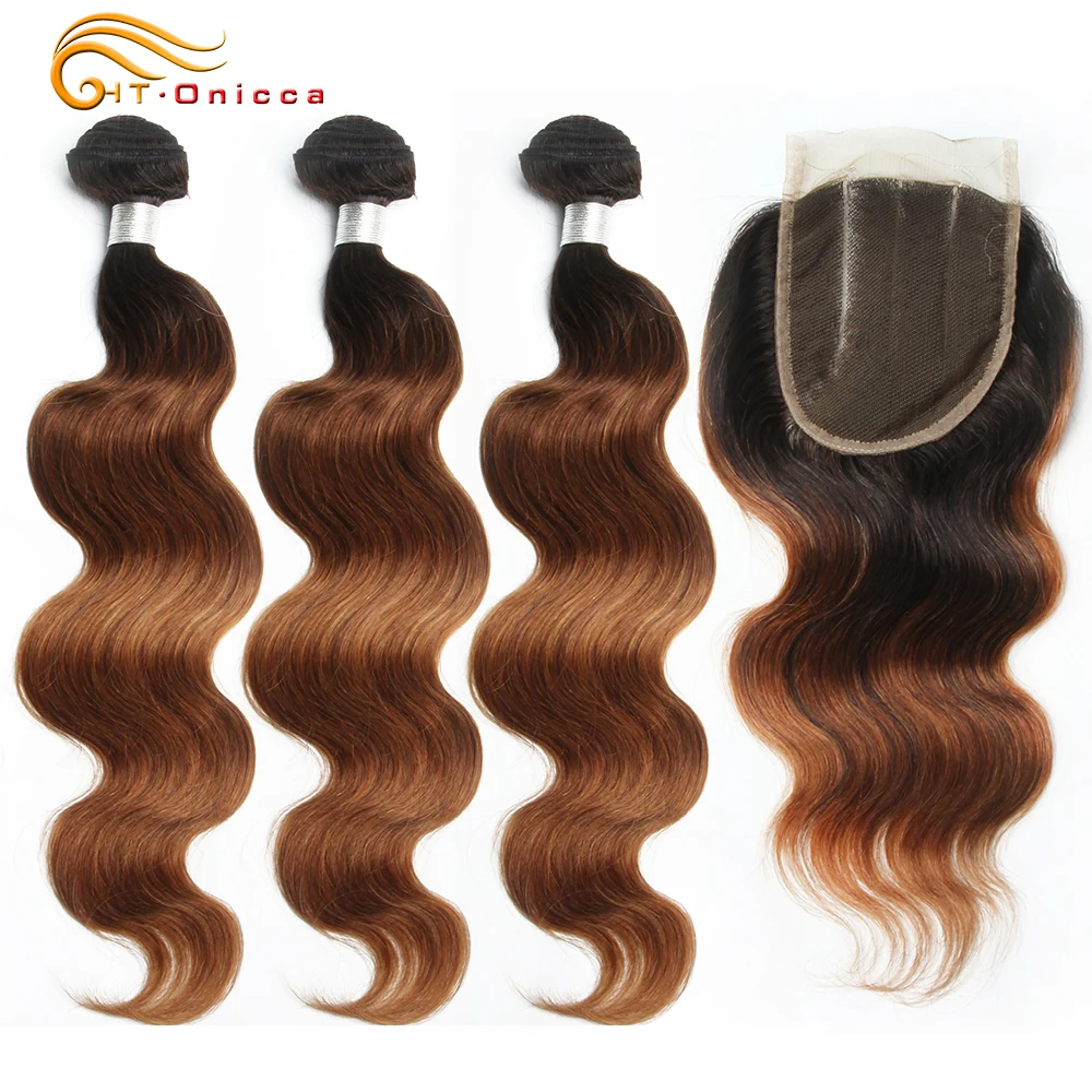 Bundel Gelombang Tubuh dengan Penutup 100% Bundel Jalinan Rambut Manusia dengan Penutup 70 G/pc Bundel Ombre Jalinan Rambut Brasil dengan Penutupan