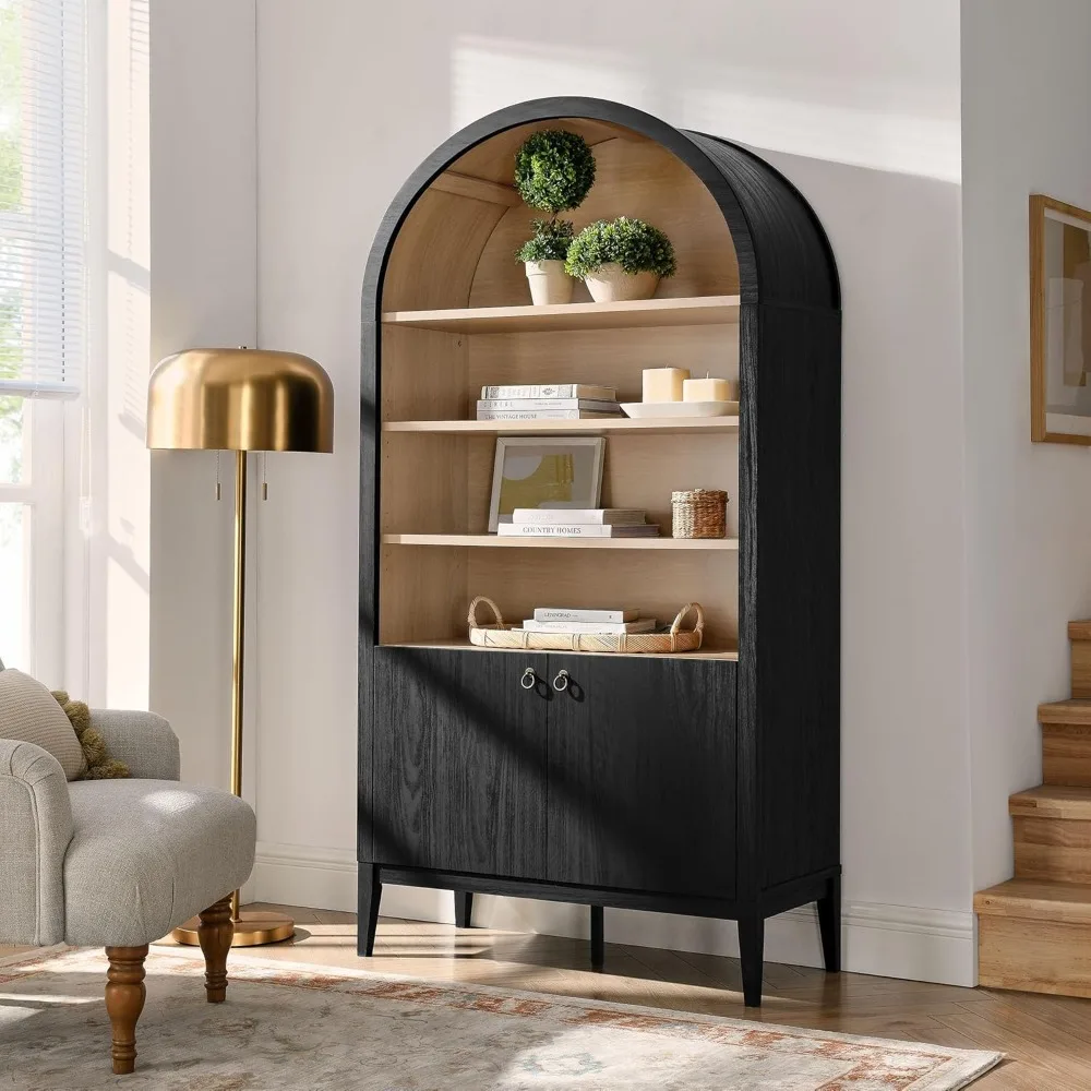 Nolan Tall Arched Storage Display Cabinet in Black - 74 Inch Arch Bookshelf with Open and Closed Shelving - Modern Accent Cabin