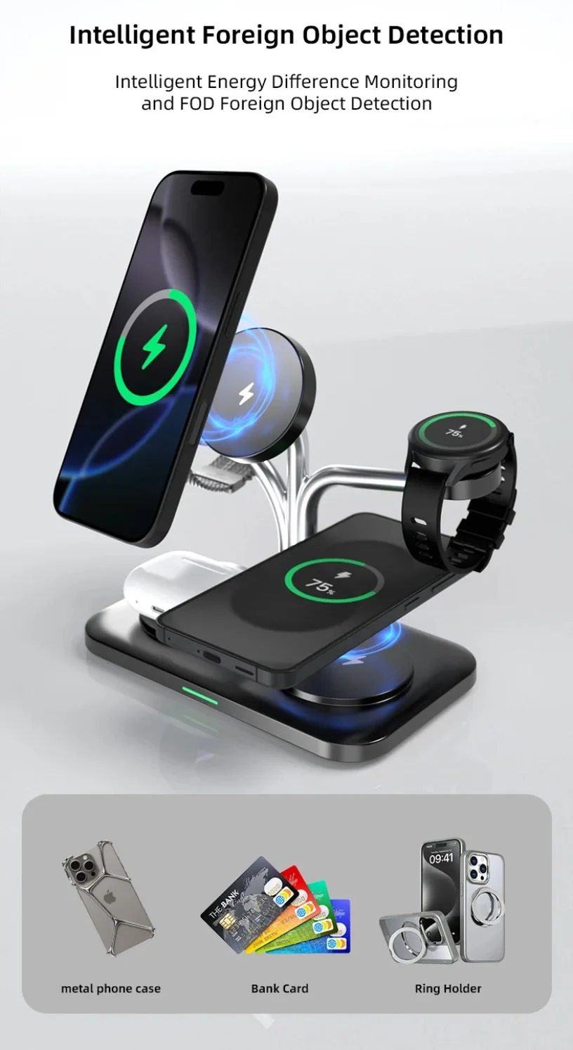 5 IN 1 15W Dual Phone Watch Magnetisches kabelloses Ladegerät Schnellladung für iPhone 17~12 Samsung Apple/Galaxy Watch Aipods Pro/Buds – Detail 7