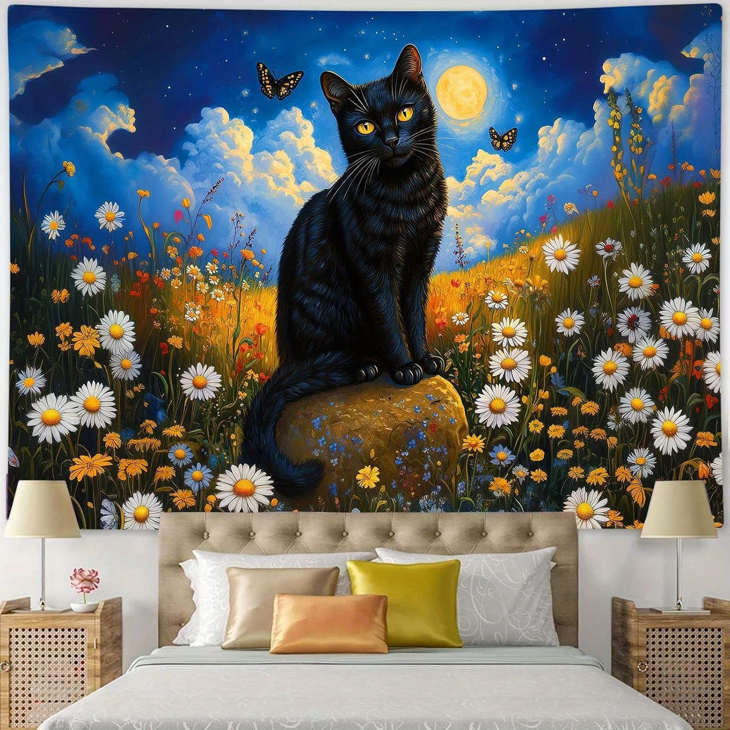

Enchanted Midnight Cat Tapestry, Moonlit Floral Fantasy Wall Art,Large Decor for Living Room or Bedroom, Add Magic to Your Space