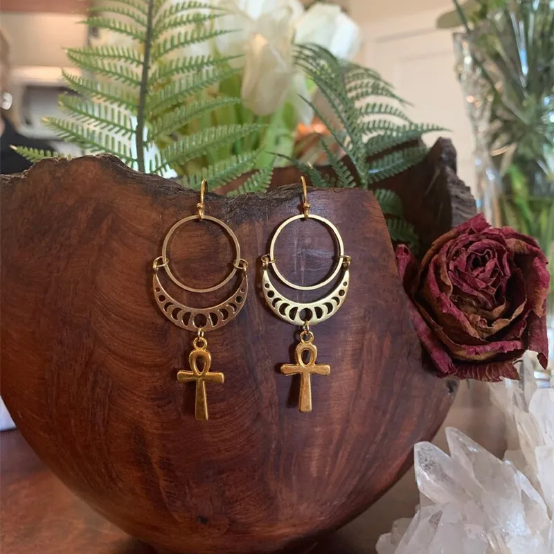 Ankh Moon Phase Earrings, Hypoallergenic Aesthetic Jewelry Handmade Creativity Novelty Jewelry Women Gift Statement Grunge