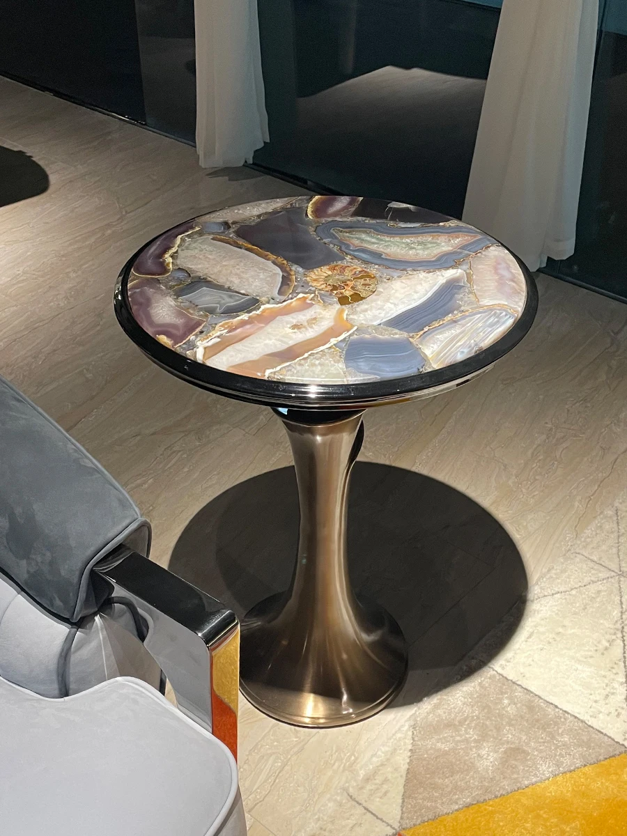 NEW Italian light luxury circular edge table, natural agate stone living room sofa corner table, high-end creative stainless ste