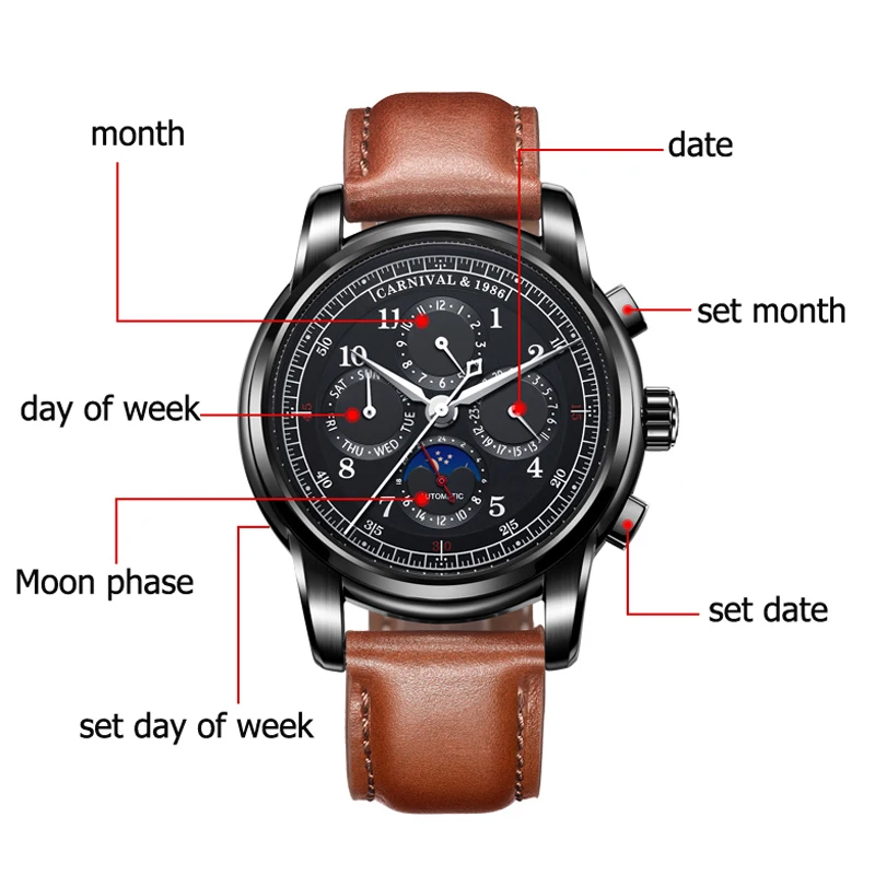 Switzerland CARNIVAL Top Brand Multi-function Mechanical Watch Men Automatic Fashion Luxury Leather Waterproof Watches relógio