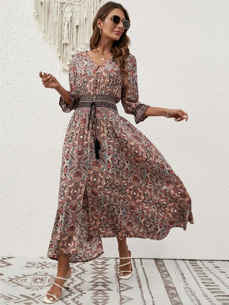 Summer New Women\'s Dress V-neck Three-quarter Sleeves Lantern Sleeve Waist Tie Dress Bohemian Travel Vacation Beach Dress