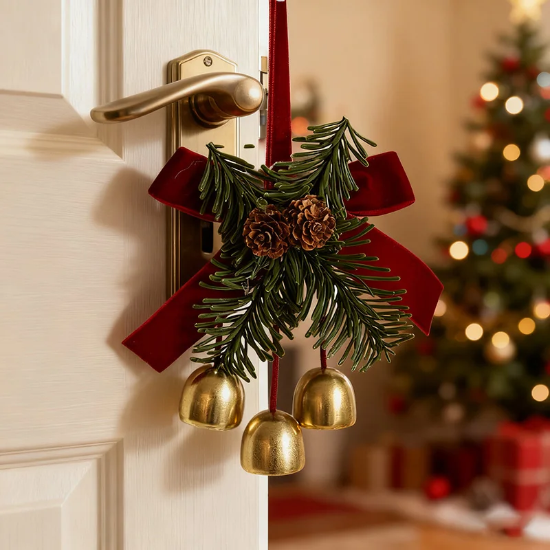 

Christmas Jingle Bells Door Hanger Ornament Velvet Bow Pine cone Bell Pendants 2025 Christmas Home Decoration New Year Gifts