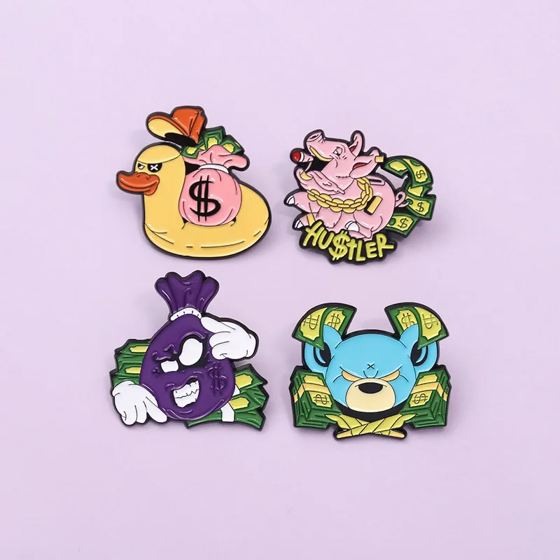 Cartoon Pig Duck Money Bag Enamel Pin Cute Animal Bear Good-Looking Lapel Badge Creative Brooch Jewelry Kids Gift Wholesale