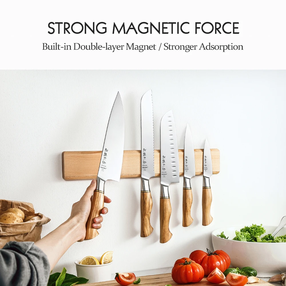 HEZHEN North American Maple Magnetic Strip Knife Holder Double Row Magnetic Suction Firm Kitchen Accessories Tools