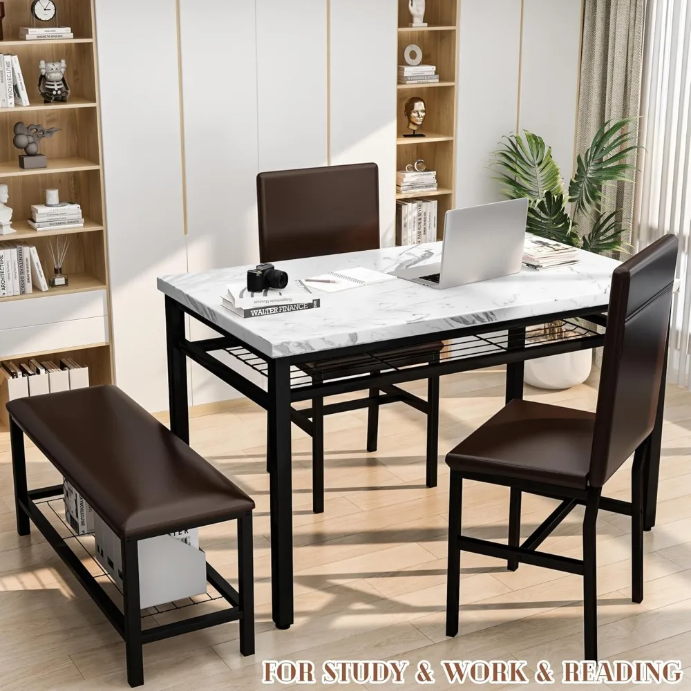 Dining Table Set for 4 with Bench and Chairs,Faux Mable Small Kitchen Table and Chairs for 4 w/Storage Rack, Dining Room Table