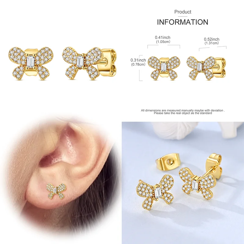 

925 Sterling Silver Golden Sugar Cube Bow Stud Earring For Anniversary Wedding Jewelry Gifts