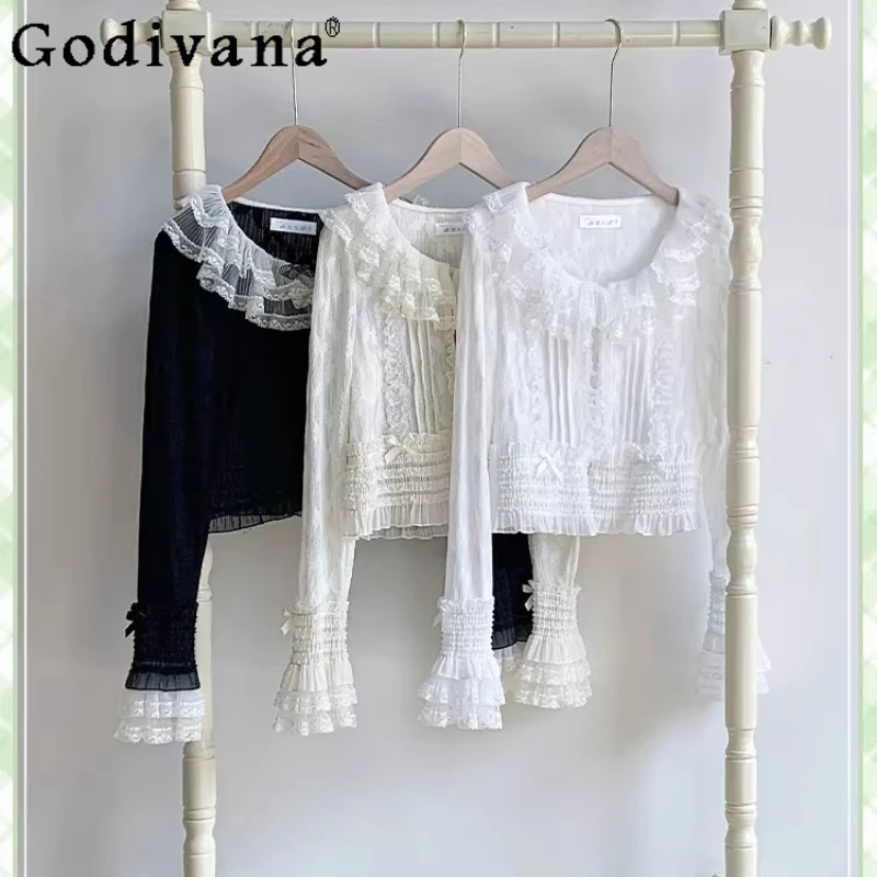 

Женский тонкий кардиган в стиле Лолита с длинными рукавами, весна-лето 2026, новинка, оригинальный японский дизайн, элегантная кружевная блузка с расклешенными рукавами