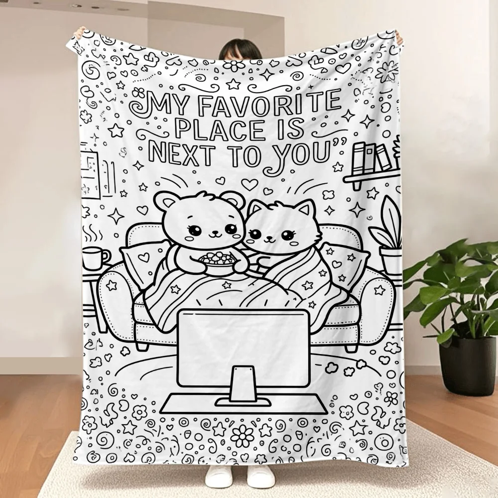 1PC blanket with cute bear and kitty prints-doodle your own colors. Great for travel, camping, living rooms, offices, sofas, cha