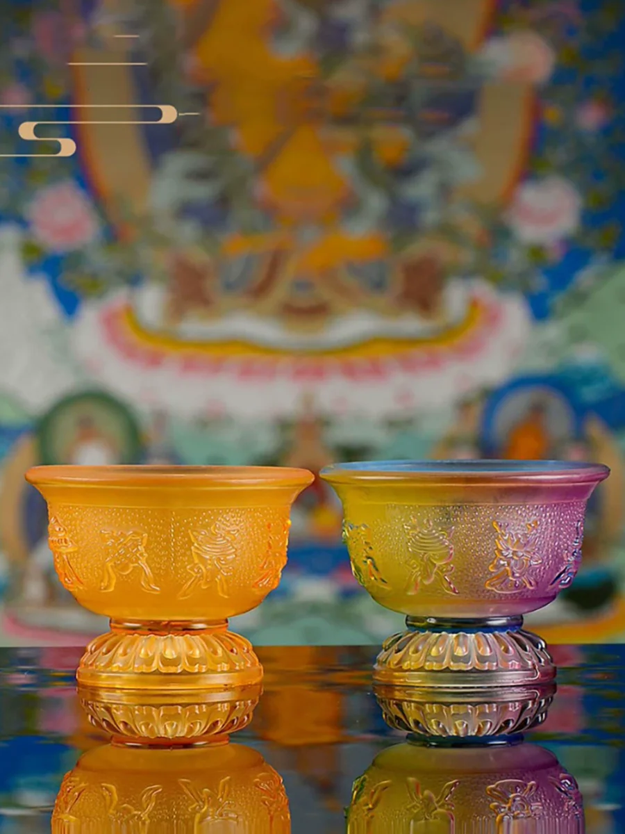 Glass Dharma Water Bowl Set, Home Altar Offering Cups for Buddha Statue, Sacred Vessel with Eight Treasures Pattern