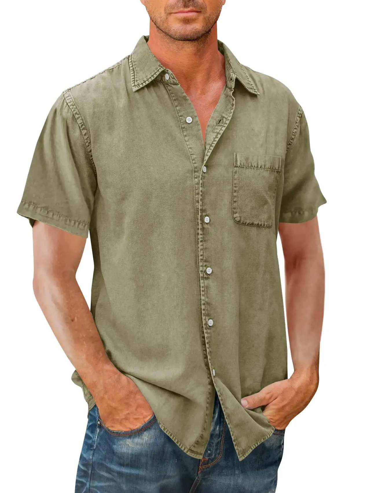 Summer Lapel Solid Color Pocket Single-breasted Shirt Men's Short-sleeved Washing Shirt Top