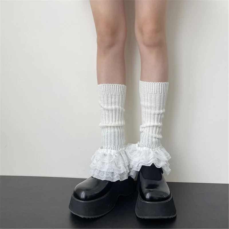 Ribbed Knitted Leg Warmers with Tiered Ruffle Lace Trim Sweet Flared Leg Covers