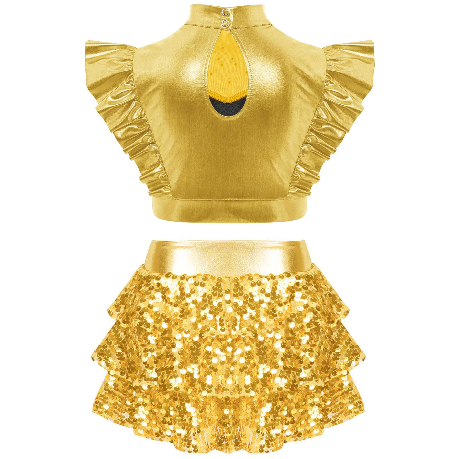 Kids Girls Jazz Hip-Hop Dance Outfit Metallic Shiny Rhinestones Sleeveless Crop Top+Sequins Tiered Ruffled Culottes Skirt 2Pcs