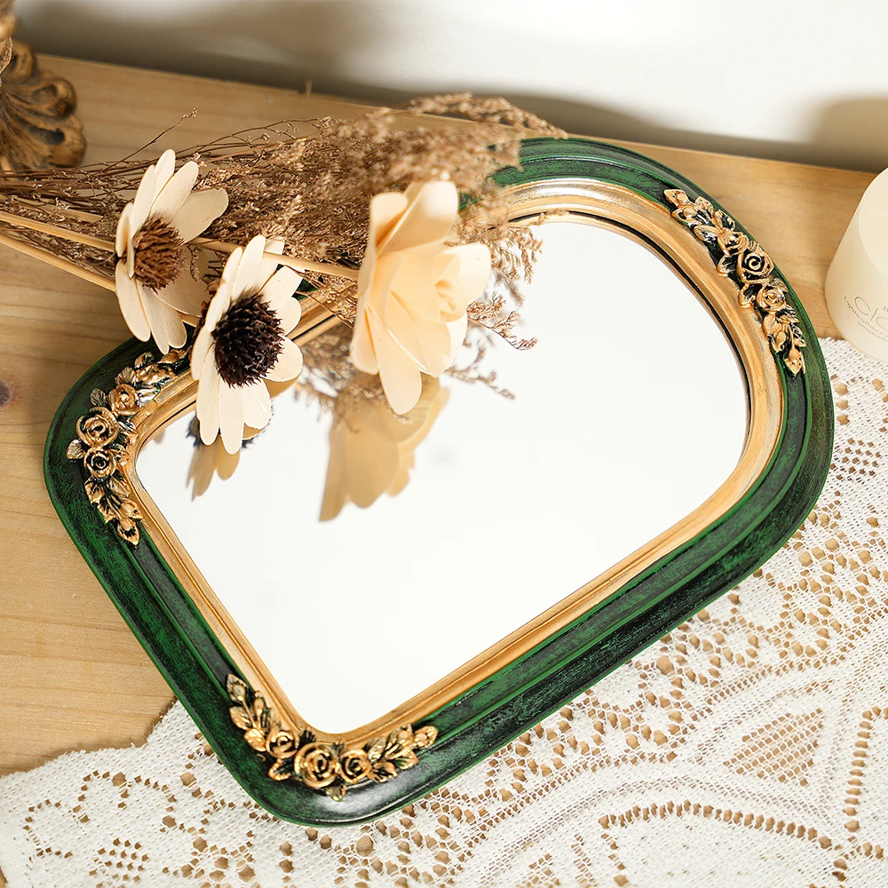European light luxury resin embossed green carved mirror makeup mirror vintage resin photo props girl makeup mirror
