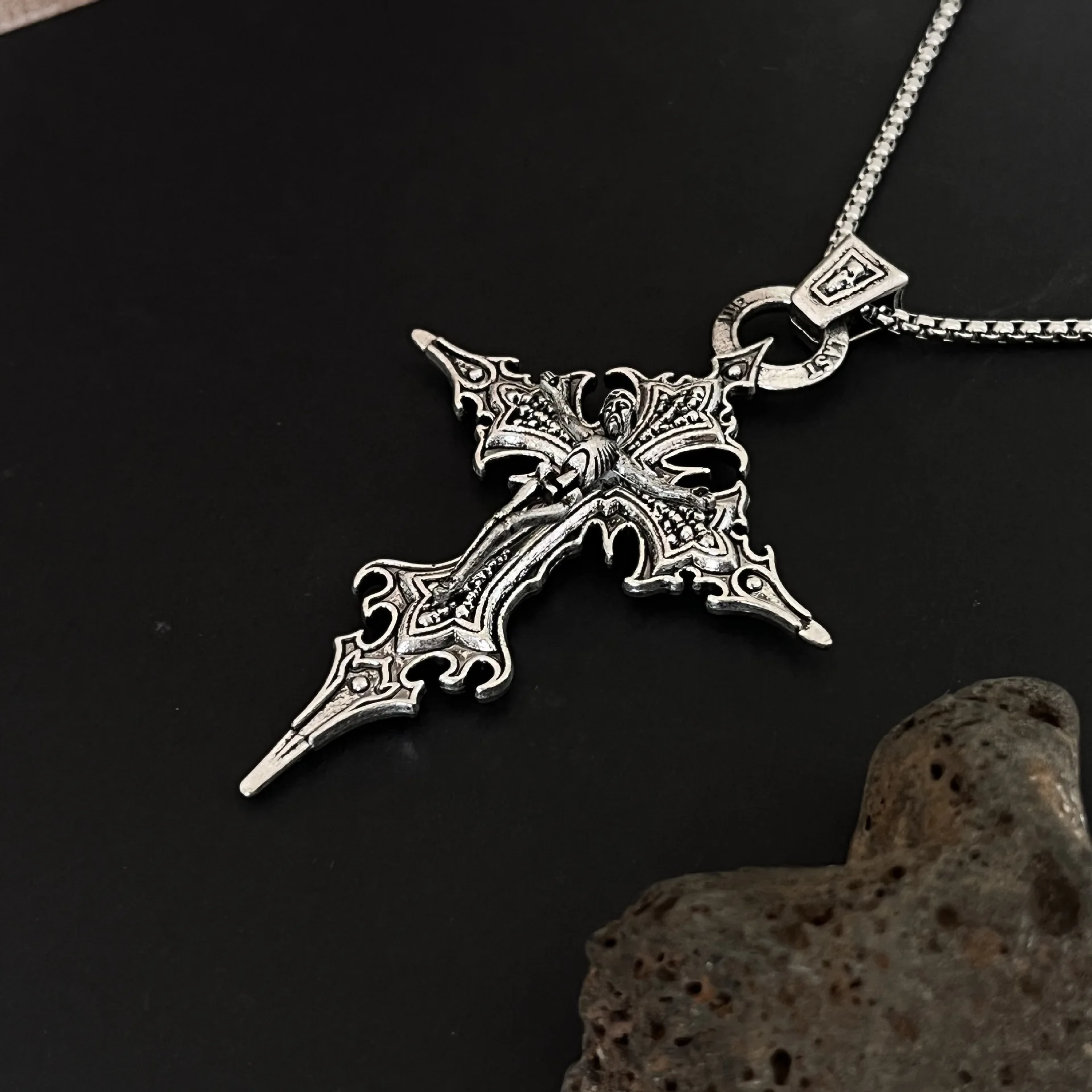 Gothic Crucifixion Skull Cross Pendant Necklace Catholic Prayer Jewelry for Men and Women Punk Jewelry