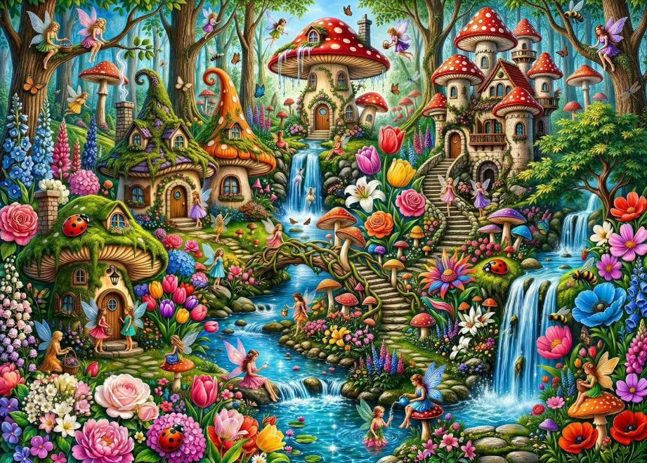 Fantasy Fairy Village Mushroom Home Water Stream DIY Oil Painting By Numbers Canvas Wall Art Poster Bedroom Decor Gift