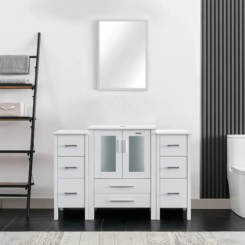 Combinación de lavabo de baño moderno blanco de 48": con gabinetes laterales pequeños, lavabo y agua, grifo de ahorro