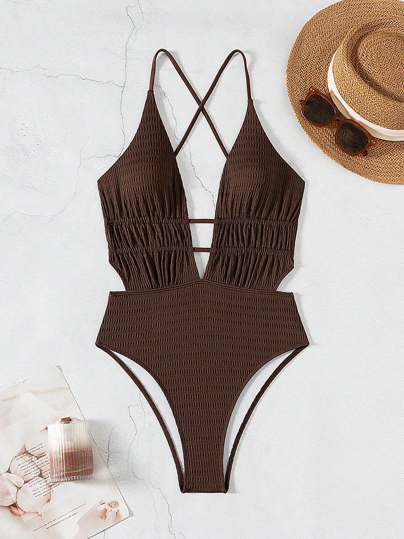 Women's Textured One Piece Swimsuit - Deep V Neck Cutout Monokini, Spaghetti Straps Ruched Bathing Suit for Beach Pool, High Cut