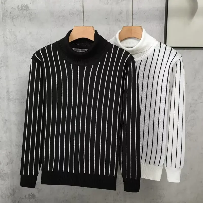 2022 Autumn Men's Straight-Leg Pullover Casual Trendy Half Polo/Turtle Neck Sweater Long Sleeve Striped Knitted Top