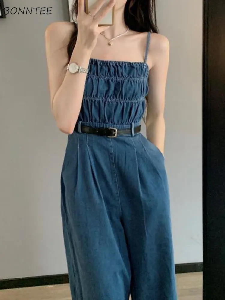 Jumpsuits Women Wide Leg Trousers Folds Sleeveless Summer New High Waist Design BF Denim Clothing Sweet Harajuku Simple Vintage