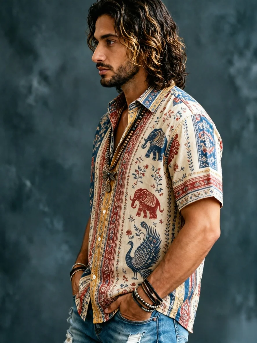 Retro Tribal Mens Shirt Random Print Short Sleeve Button Down Casual Top Ethnic Boho Style Summer Beach Gift Holiday Collections