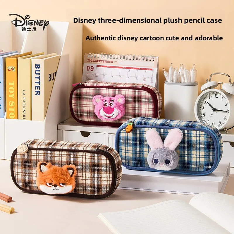 

Клетчатый пенал Disney для женщин, простой японский стиль, маленькая стильная сумка для канцелярских принадлежностей, сумка для хранения вещей для студентов, большая вместимость.