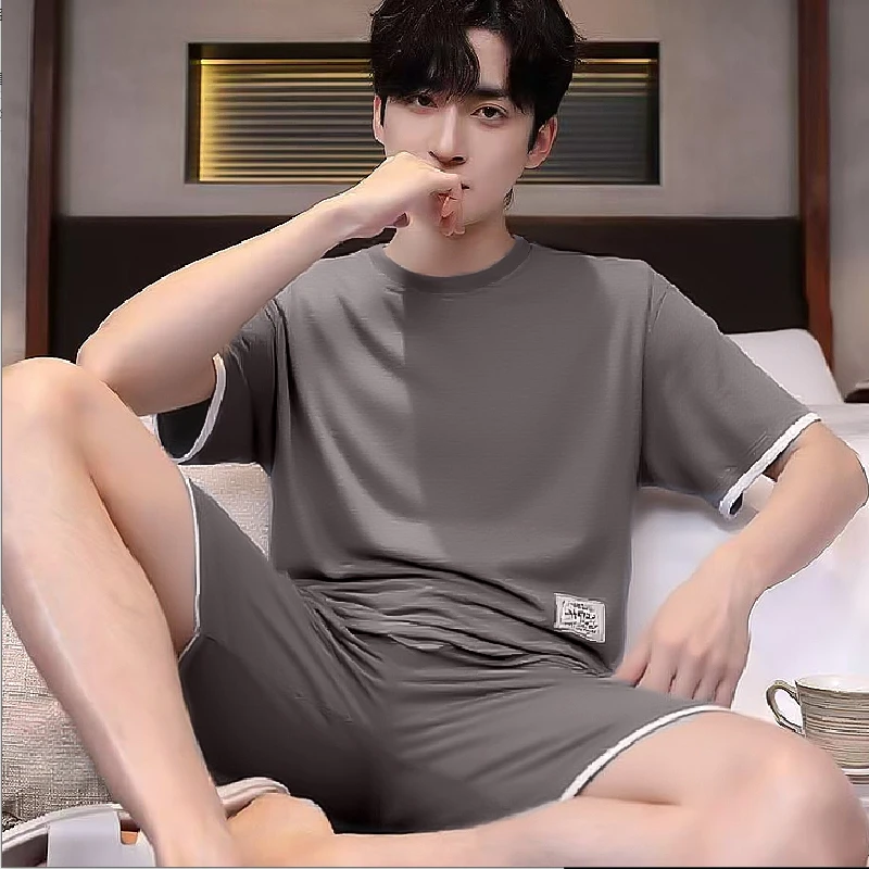 Plus Size Men Modal Pajamas Set Summer Solid Color Student Sleepwear Homewear Short Tops and Pants Nightwear Loungewear Pijamas