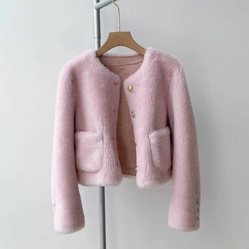 Imagem -03 - Jaqueta de Pele de Carneiro Genuína Feminina Cabolsas de Inverno Shearling Pele de Cordeiro Real O-pescoço Sobretudo Natural G152