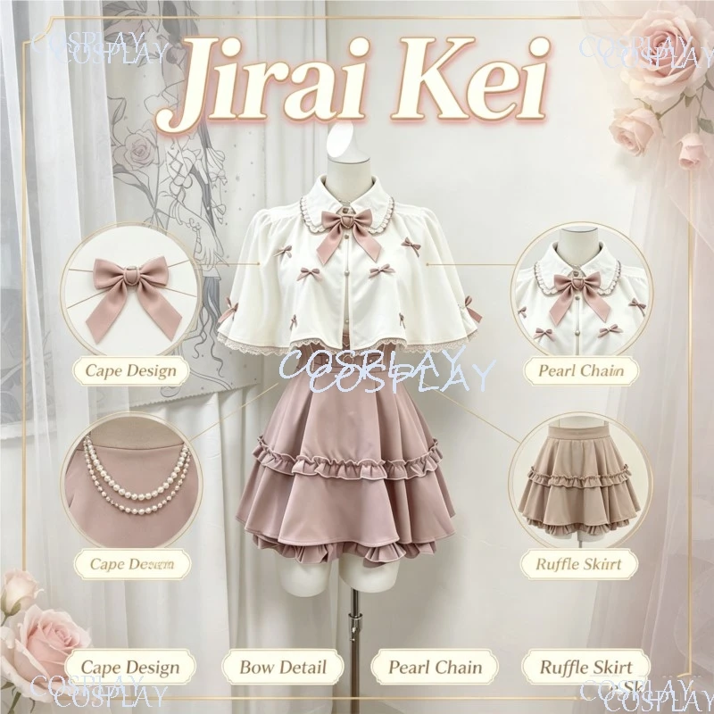 ジライケイ-スウィートピンク-和風衣装セット-リボン付きマント-ブラウス-ウエストマーク-ラッフルスカート-ロリータドレス-コスプレ衣装
