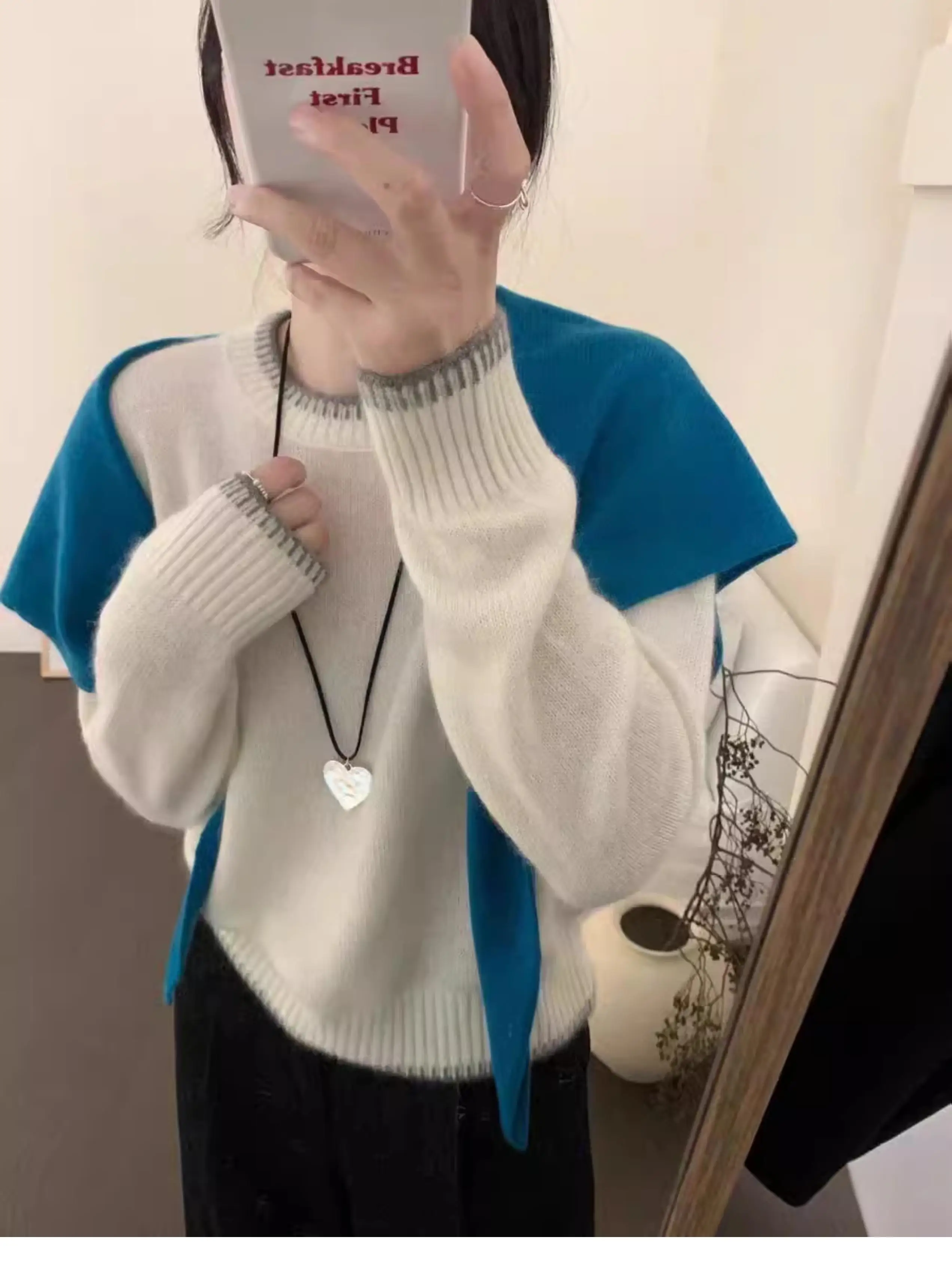 Women's Color Match round Neck Cashmere Sweater Loose Slim Contrast Pullover Autumn Winter Bottoming Coat