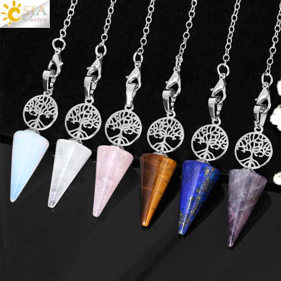 CSJA Crystals Pendulums Tree of Life Natural Stone Dowsing Pendulum Divination Pendulos Quartz Amethysts Hematite Pendant G936