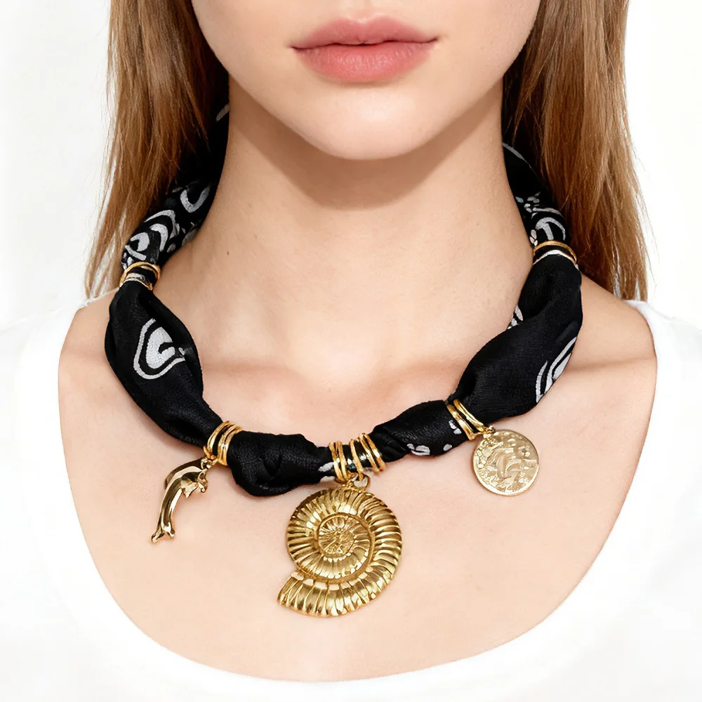 Orange Bandana Necklace with Gold Plated Charms – Sun, Balloon Dog, Star, Heart, Conch, Fruit, Flower, Perfume