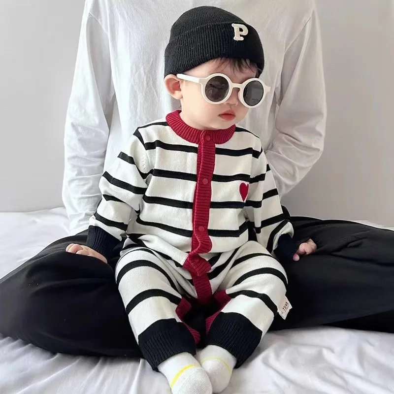 Family Matching Striped Knit Clothes Mom and Daughter Son Cardigan Dad and Kids Matching Knit Jumper Toddler Knitted Romper