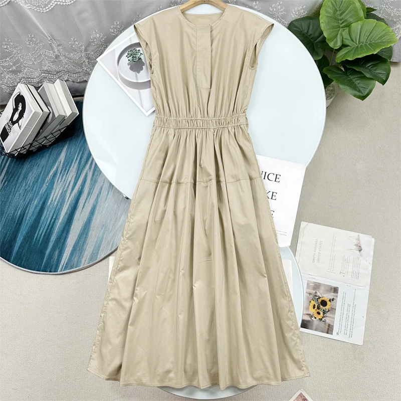 

Свободное хлопковое платье с завышенной талией, короткими рукавами, круглым вырезом и X-образным силуэтом для женщин