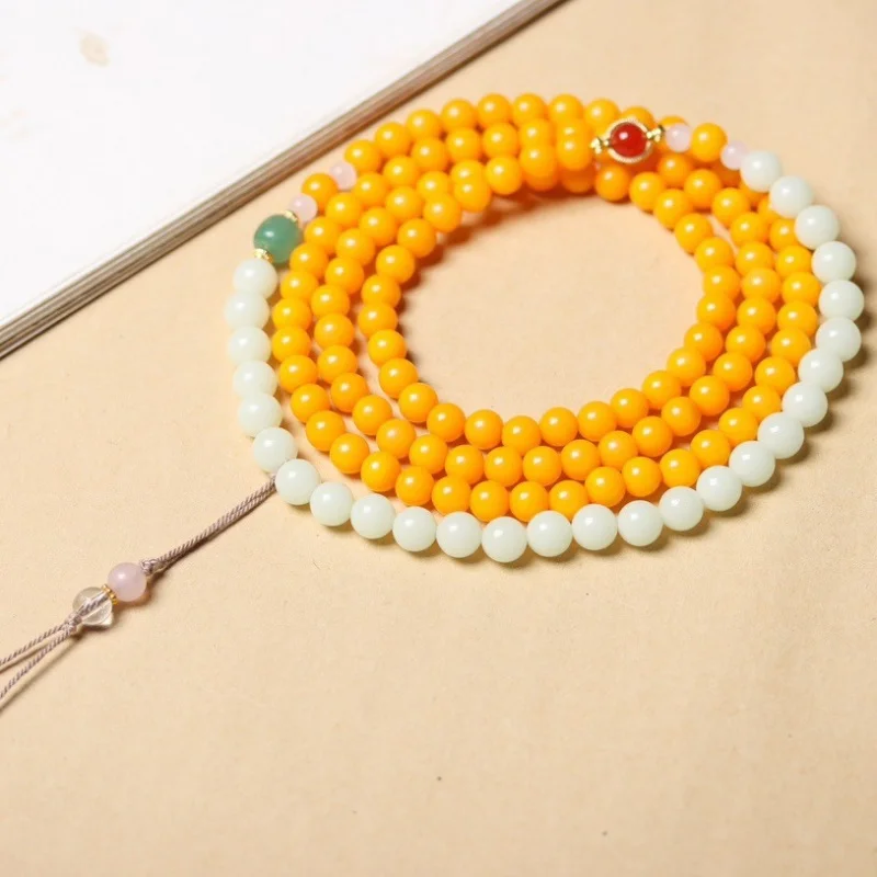 Hainan Natural Yellow White Jade Bodhi Root Rosewood Buddha Prayer Beads StringDIYLong Handheld Sweater Necklace Plate Crafts