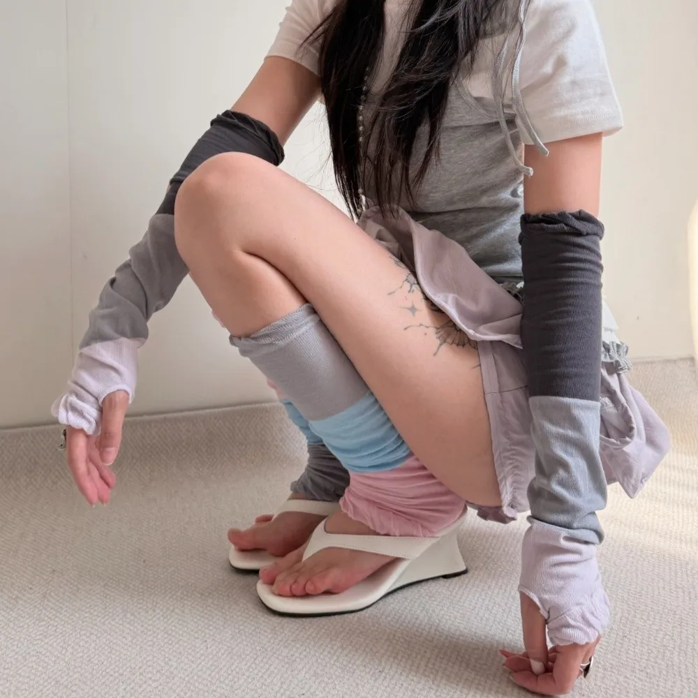 New Multicolor Knee High Socks Footed Design Ballet Style Slouch Socks Thin Color Stacked Fingerless Gloves JK