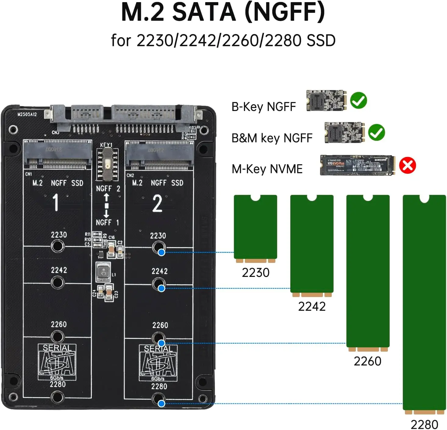 ثنائي المنفذ NGFF الحالة الصلبة إلى لوحة مهايئ المنفذ التسلسلي SATA 2 * M.2 إلى بطاقة توسيع SATA 3.0 إلى كابل USB الخارجي