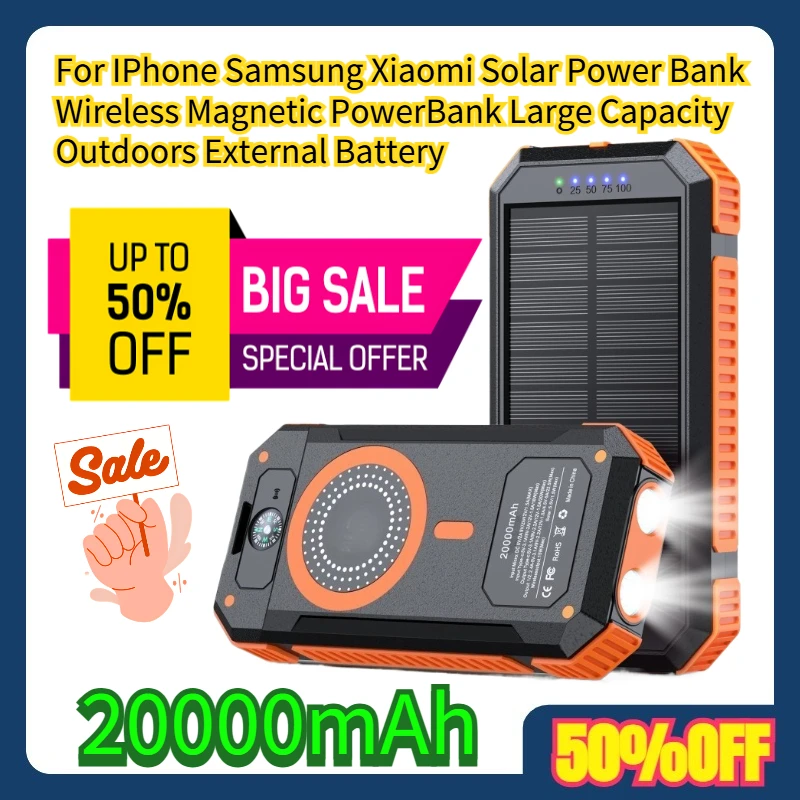 

For IPhone Samsung Xiaomi 20000mAh Solar Power Bank Wireless Magnetic PowerBank Large Capacity Outdoors External Battery