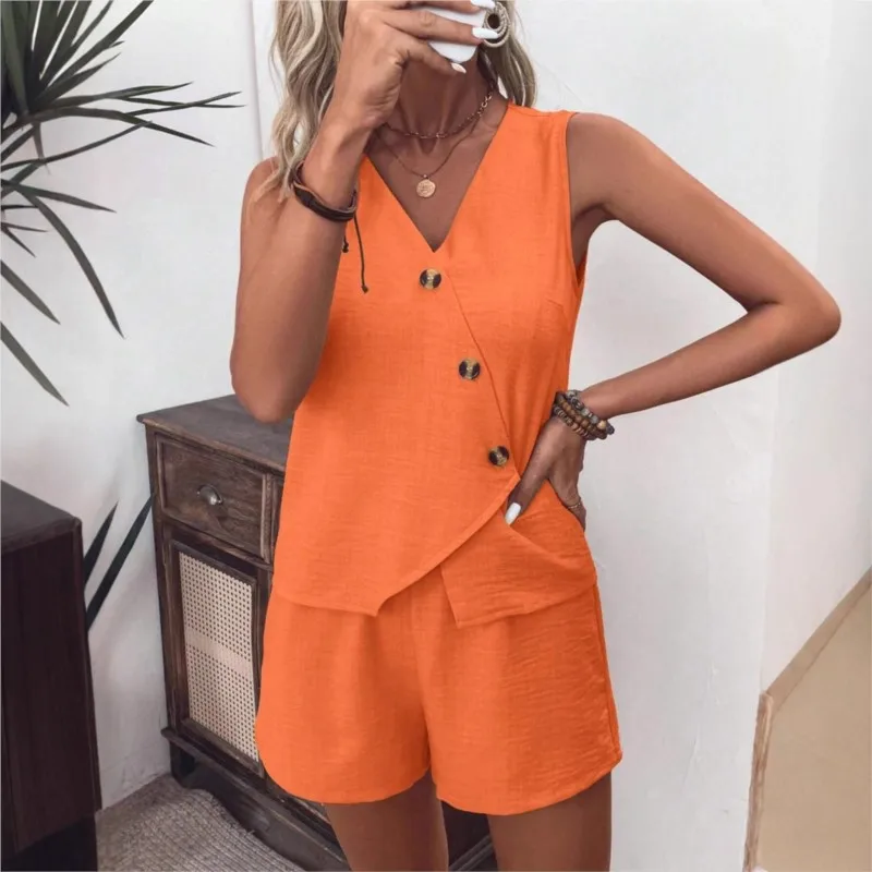 Dames Casual Onregelmatig Vest Shorts Pak 2-delige sets Zomer Nieuwe V-hals Knoppen Vest Wijde pijpen Shorts Sets voor dameskleding